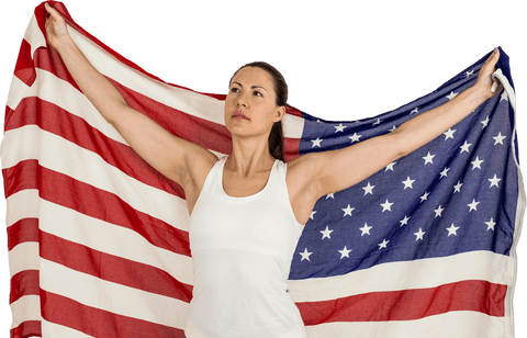 Female Athlete Posing Proudly with Transparent American Flag