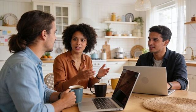 Remote team collaborating in bright home kitchen around laptops, coffee, casual meeting