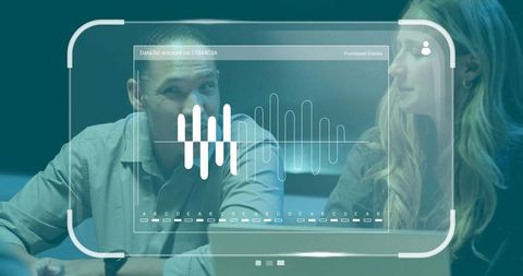 Team collaborating with holographic data dashboard and waveform analytics