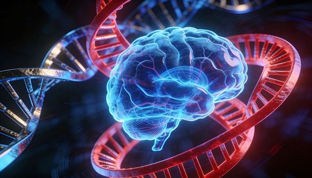 Holographic brain floating among red blue dna helix strands representing neuroscience