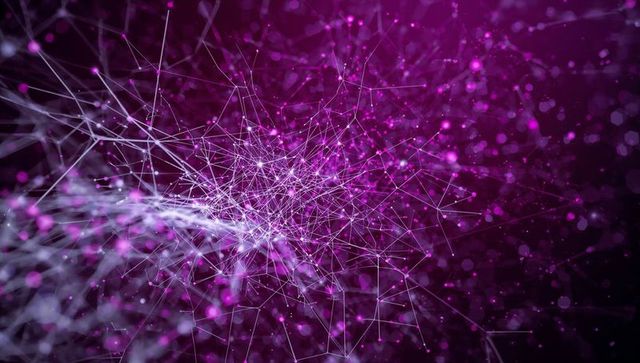 Pulsing magenta neural network web connecting glowing nodes, filaments in abstract digital space