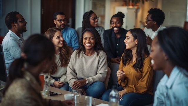Smiling diverse team collaborating and laughing during casual office brainstorming session