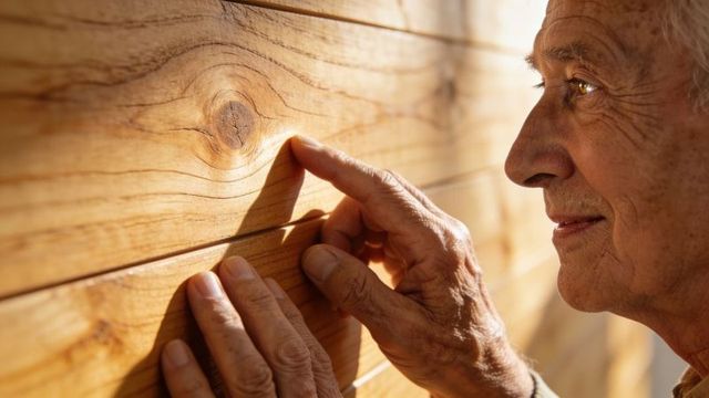 Senior man tracing wood grain with fingers on sunlit wooden panels, closeup tactile moment