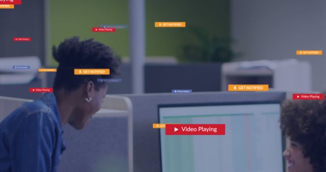Colleagues Interacting at Office Cubicles with Notification Icons Overlay - Download Free Stock Images Pikwizard.com
