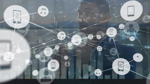 Businessman in Thoughtful Pose with Graphs and Icons Overlay