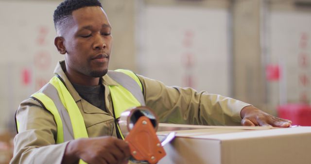 African american male worker wearing safety suit and packing boxes in warehouse. global business, shipping and delivery.