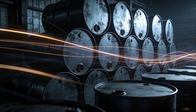 Stacked steel oil drums with dynamic orange light trails in industrial warehouse low-light cinematic