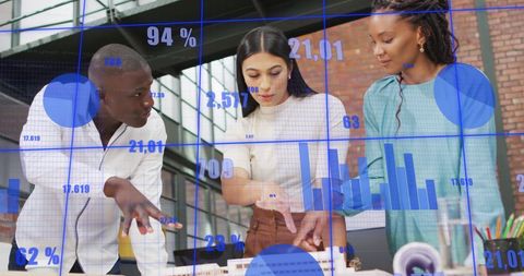 Diverse Business Team Analyzing Data with Digital Graphs Overlay