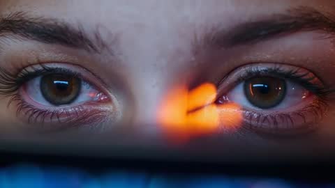 Close-up video capturing woman watching flickering orange reflection on screen