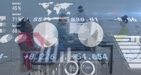 Creative Business Team Analyzing Data in Modern Office with Technology Overlay