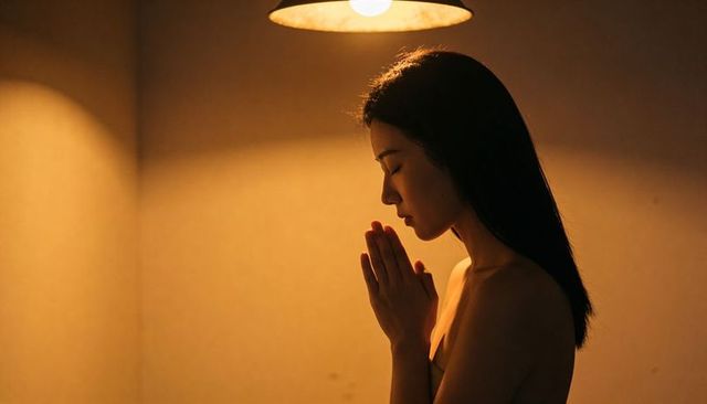Asian woman meditating beneath warm pendant lamp, thoughtful silhouette with clasped hands