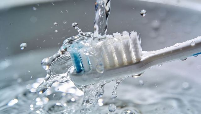 Rinsing white toothbrush bristles under running water with dynamic splash close-up