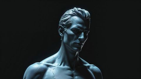 Digital sculpture of lucifer bust with blue tint and dramatic lighting