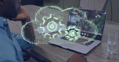 Businessman in Video Call with Holographic Cloud and Gears Overlay - Download Free Stock Images Pikwizard.com