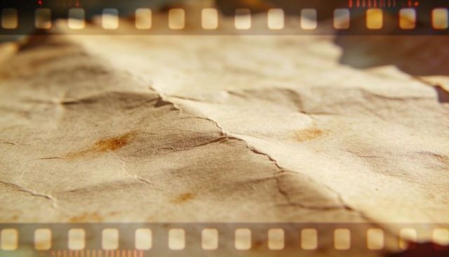 Crumpled aged parchment with filmstrip sprocket border, vintage sepia texture background