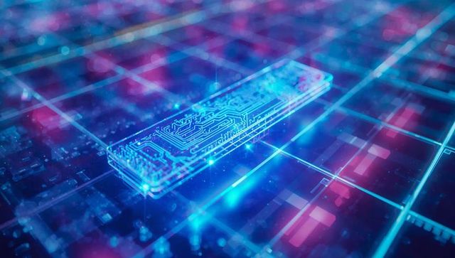 Futuristic 3D Circuit Board Hovering in Cyberspace Grid