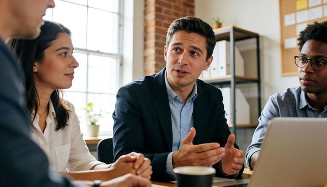 Business leader presenting strategy to team in modern office meeting