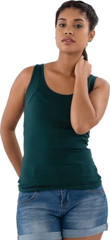 Transparent Portrait of Woman in Green Top and Denim Shorts