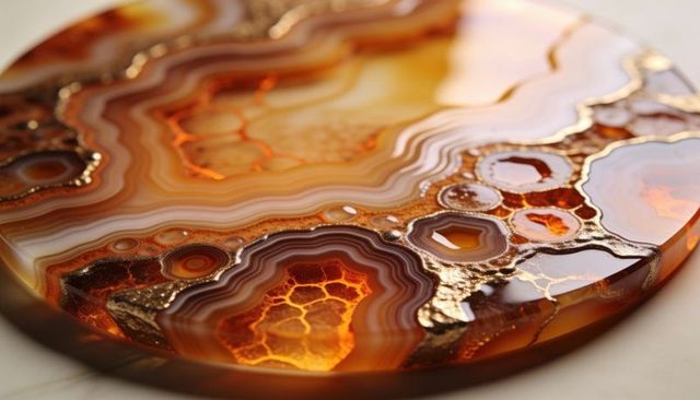 Polished amber agate slice with gold metallic veins and glowing translucent geode cavities