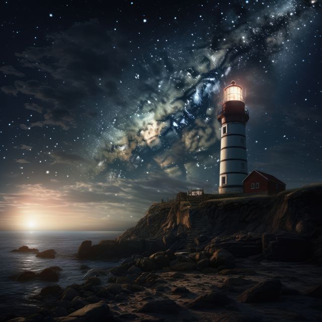 This visually stunning stock photo captures a solitary lighthouse standing tall on a rocky coastline under a mesmerizing night sky filled with stars and the Milky Way. Ideal for backgrounds emphasizing tranquility, space and astronomy themes, travel brochures, inspirational posters, or as a striking digital wallpaper promoting mental peace and exploration.