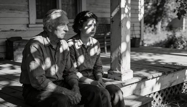 Elderly man and teenage girl sitting on weathered porch steps, sharing contemplative moment