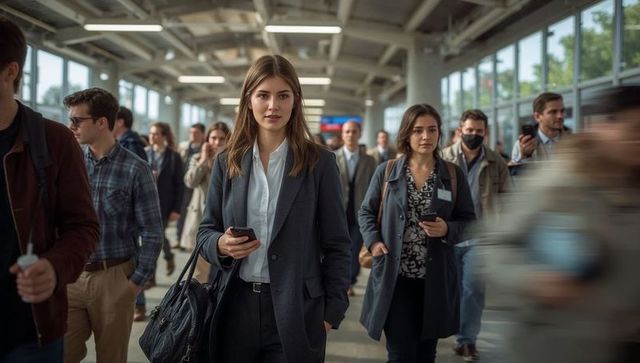 Walking businesswoman navigating busy station concourse with smartphone and shoulder bag