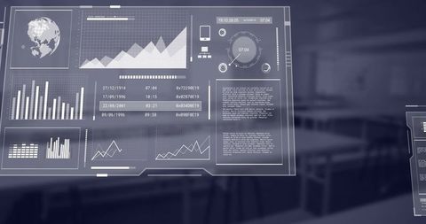 Displaying holographic data panels floating in office showing analytics dashboards