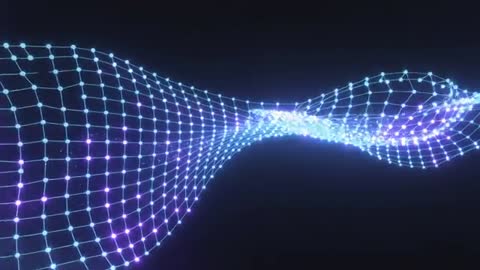 Undulating Neon Mesh Ribbon Flowing Through Dark Space with Pulsing Cyan Purple Nodes