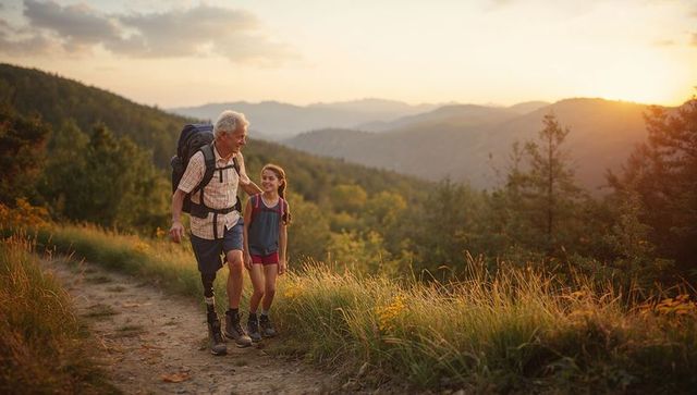 Senior hiker with prosthetic leg hiking with granddaughter at sunset on mountain trail