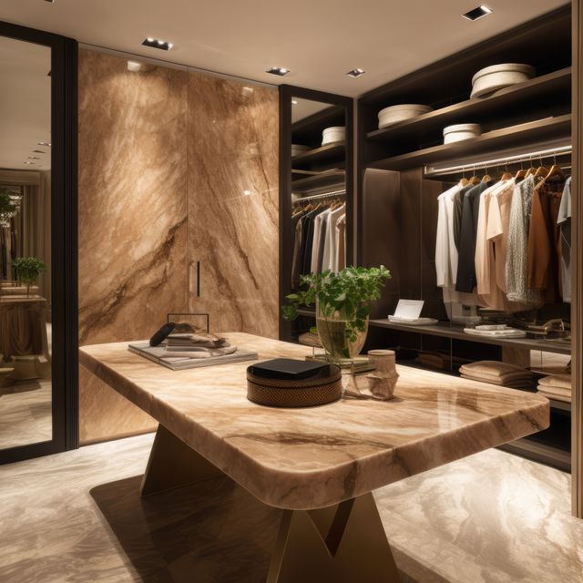 This luxurious walk-in closet features modern design elements including marble finishes and wooden accents. A marble-topped table in the center is surrounded by elegant shelves and clothing racks, providing ample and organized storage for clothes and accessories. Ideal for use in articles or advertisements related to high-end interior design, luxury home organization, contemporary fashion storage solutions, and high-end lifestyle promotion.
