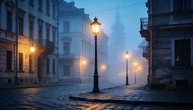 Foggy old town street with glowing cast-iron lanterns and wet cobblestone reflections