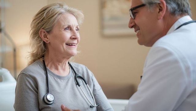 Senior woman smiling during warm medical consultation with trusted doctor in clinic