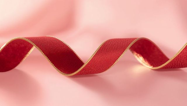 Flowing red ribbon with gold edging forming elegant S-curve on pastel pink backdrop minimal studio