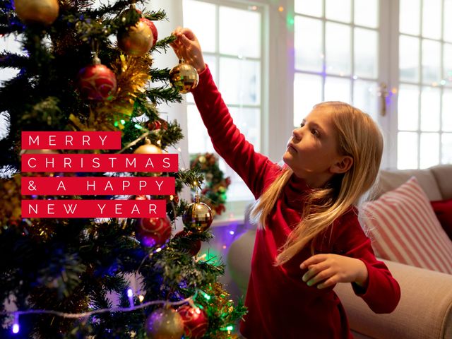 Young Girl Decorating Christmas Tree with Festive Ornaments - Download Free Stock Templates Pikwizard.com