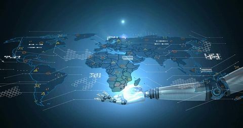 Robotic arm projecting holographic world map and futuristic data visualization interface