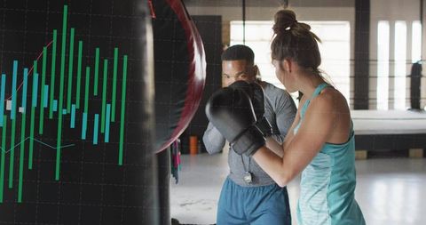 Female boxer punching heavy bag while trainer coaching with financial chart overlay