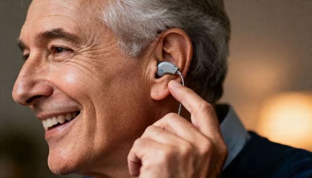 Senior man adjusting behind-the-ear hearing aid while smiling in warm cozy home interior