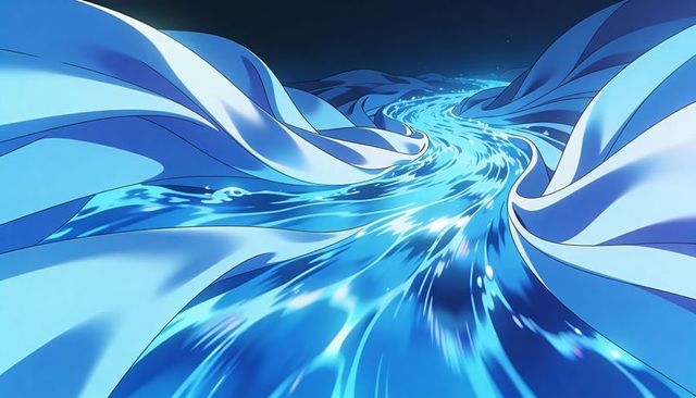 Luminous blue river winding through abstract cloth-like banks under night sky with glow