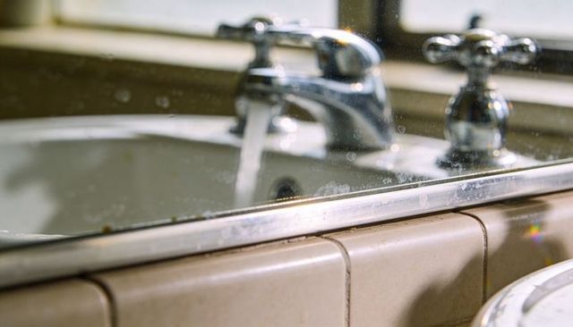 Flowing chrome bathroom faucet pouring water into white sink with spotted mirror and tile
