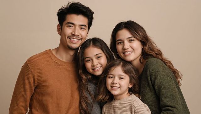 Smiling young family posing in neutral studio wearing knit sweaters and warm tones for marketing