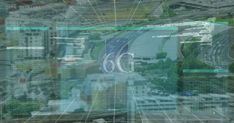 6g technology overlaying modern cityscape with digital interface elements