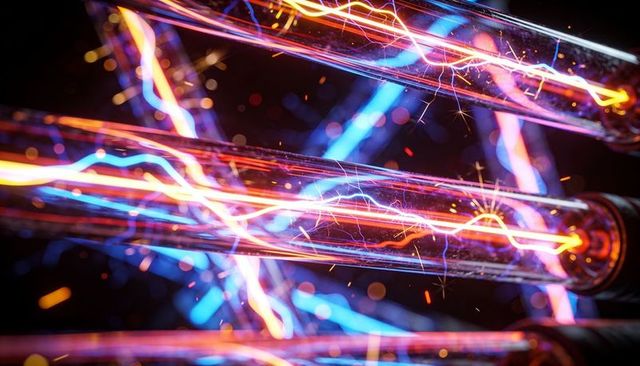 Glowing glass tubes emitting neon plasma arcs and electric sparks for futuristic tech