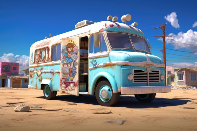 Blue retro ice cream truck in town, created using generative ai technology. Ice cream truck, summer and vintage concept digitally generated image.
