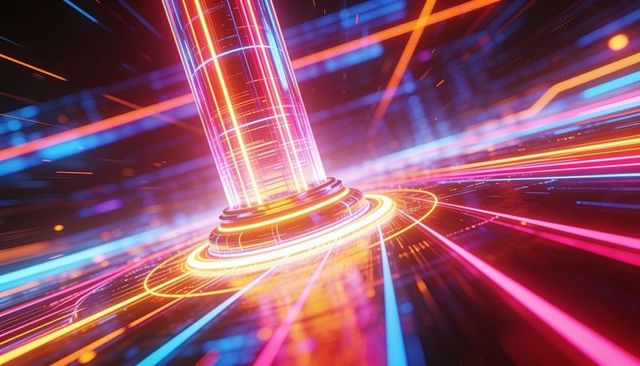 Neon energy column rising through futuristic data tunnel with glowing circular rings