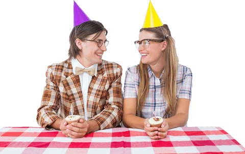 A retro-styled hipster couple is celebrating a birthday with colorful party hats and cupcakes at a checkered table. The playful scene captures joy and humor, making it perfect for social media content, birthday invitations, and fun design elements where a sense of nostalgia and celebration is desired.
