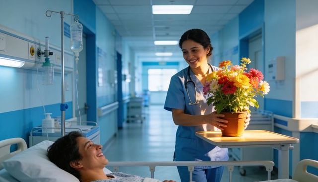 Smiling nurse presenting potted bouquet to recovering patient in hospital corridor