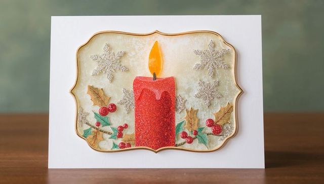Handmade christmas card featuring glitter red candle and holly embellishments