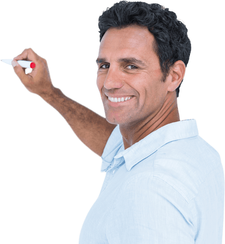man smiling while writing with red marker on transparent background - Download Free Stock Videos Pikwizard.com
