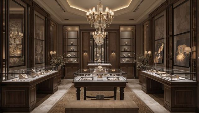 Luxury Jewelry Boutique Showcasing Curated Collections Under Crystal Chandeliers