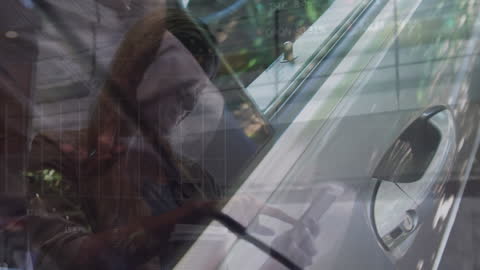 Woman Using Smartphone with Car and Digital Interface Overlay